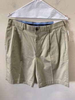 Mens, Shorts, BROOKS BROTHERS, Khaki Brown, Cotton, Solid, W32, Double Pleats, Belt Loops, Twill Weave,