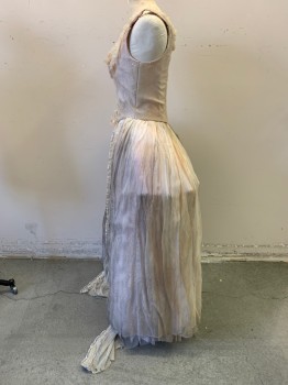 Womens, Historical Fiction Dress, MTO, Baby Pink, Cream, Lavender Purple, Lt Gray, Silk, Polyester, Solid, Dots, W 28, B 34, Watercolor Organza Skirt, Antiqued Tulle  Like Swiss Dot, Lace Up Boned Bodice, Pleated Ruffle at Shoulders & Center Front with Sequins, of Skirt, Over Dress, Aged/Distressed, 1700s