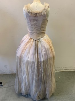 Womens, Historical Fiction Dress, MTO, Baby Pink, Cream, Lavender Purple, Lt Gray, Silk, Polyester, Solid, Dots, W 28, B 34, Watercolor Organza Skirt, Antiqued Tulle  Like Swiss Dot, Lace Up Boned Bodice, Pleated Ruffle at Shoulders & Center Front with Sequins, of Skirt, Over Dress, Aged/Distressed, 1700s
