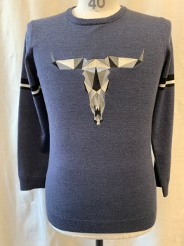 JNMD, Gray, Black, White, Cashmere, Acrylic, Geometric, Gray, Light Gray, White, & Black, Geometric, Color Block, Bull Embroidered on Center Front, Crew Neck, Long Sleeves, Black & White Stripe on Sleeve