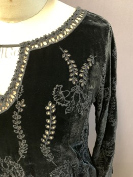 JOHNNY WAS, Black, Rayon, Silk, Solid, Floral, Velvet, Floral Eyelet Embroidery, V-neck with Embroidery Placket and String Across Neck, Boat Neck with Open Embroidery, Bell Long Sleeves