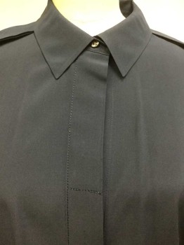 ANN TAYLOR, Navy Blue, Silk, Solid, Collar Attached, Epaulettes, Hidden Button Front, Long Sleeves with French Cuffs, and ( 2 Pr. OF CUFF LINKS ATTACHED), See Photo Attached,