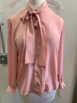 N/L, Pink, Polyester, Solid, Long Sleeves, Button Front, Self Tie Collar, Cuff Buttons Moved 1" From Cuff Edge
