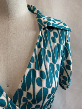 DVF, Teal Green, Lt Beige, Beige, Silk, Geometric, Abstract , Big Pointed Collar Attached, Short Sleeves, Wrap Style, Ties Attached