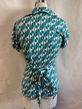 DVF, Teal Green, Lt Beige, Beige, Silk, Geometric, Abstract , Big Pointed Collar Attached, Short Sleeves, Wrap Style, Ties Attached