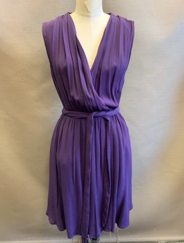 MAEVE, Aubergine Purple, Rayon, Solid, Crepe, Surplice V-neck, Gathered at Waist and Shoulder Seams, Elastic Waist, Faux Wrap Dress, Hem Above Knee,  **With Matching Fabric Belt