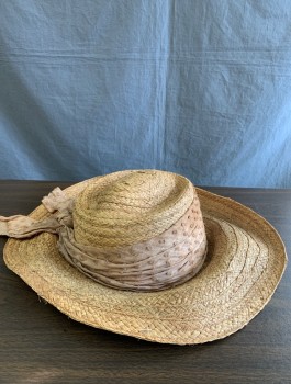 Womens, Historical Fiction Hat, N/L MTO, Tan Brown, Beige, Straw, Cotton, Wide Brim, Textured Fabric Band with Raw/Frayed Edges, Made To Order
