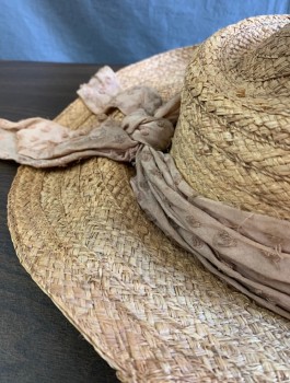 Womens, Historical Fiction Hat, N/L MTO, Tan Brown, Beige, Straw, Cotton, Wide Brim, Textured Fabric Band with Raw/Frayed Edges, Made To Order