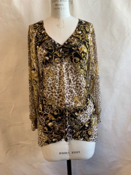 ALFANI, Gold, Brown, White, Black, Polyester, Spandex, Floral, Animal Print, V-N, L/S, Knot at Bust, Sheer Sleeves, Leaves and Geo Print Mixture