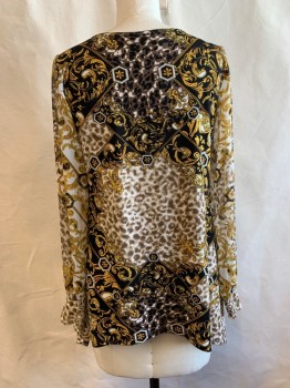 ALFANI, Gold, Brown, White, Black, Polyester, Spandex, Floral, Animal Print, V-N, L/S, Knot at Bust, Sheer Sleeves, Leaves and Geo Print Mixture