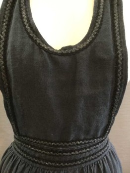 Womens, Apron 1890s-1910s, MTO, Faded Black, Wool, Linen, Solid, Bib Apron, Faded Black, Wavy /rope Black & Grey Ribbon Along Waistband & Front Bib, See Photo Attached,