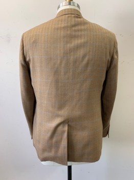 BROOKS BROTHERS, Khaki Brown, Brown, Blue, Wool, Herringbone, Plaid-  Windowpane, Notched Lapel, Single Breasted, Button Front, 2 Buttons, 3 Pockets
