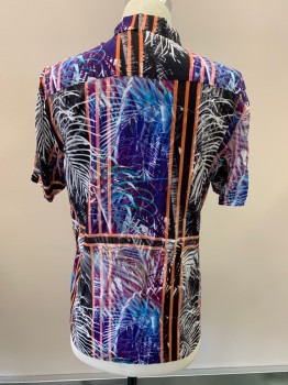 INC, Black, White, Orange, Purple, Rayon, Leaves/Vines , S/S, Button Front, C.A., High Contrast Palm Print with Grid Over Top
