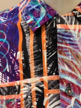 INC, Black, White, Orange, Purple, Rayon, Leaves/Vines , S/S, Button Front, C.A., High Contrast Palm Print with Grid Over Top
