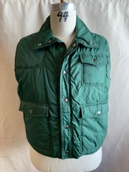 Mens, Vest, SIGALLO, Dk Green, Nylon, Solid, XL, Puffer Vest, Snap Front, Stand Collar, 3 Snap Flap Pockets
