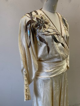 Womens, Cocktail Dress, FRANCESCA OF DAMON, Cream, Gold, Silver, Silk, Beaded, Abstract , Floral, W:26, B:36, H:35, Self Patterned Jacquard, Dolman Long Sleeves, Surplice V-neck, Large Cream, Gold and Silver Sequined and Beaded Floral Appliques at Shoulders, Ruched Attached Belt, 6 Fabric Buttons at Cuffs,