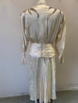 Womens, Cocktail Dress, FRANCESCA OF DAMON, Cream, Gold, Silver, Silk, Beaded, Abstract , Floral, W:26, B:36, H:35, Self Patterned Jacquard, Dolman Long Sleeves, Surplice V-neck, Large Cream, Gold and Silver Sequined and Beaded Floral Appliques at Shoulders, Ruched Attached Belt, 6 Fabric Buttons at Cuffs,