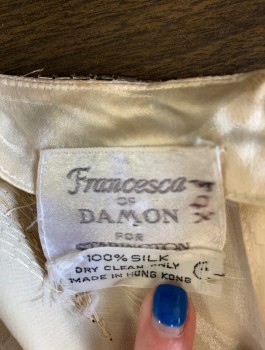 FRANCESCA OF DAMON, Cream, Gold, Silver, Silk, Beaded, Abstract , Floral, Self Patterned Jacquard, Dolman Long Sleeves, Surplice V-neck, Large Cream, Gold and Silver Sequined and Beaded Floral Appliques at Shoulders, Ruched Attached Belt, 6 Fabric Buttons at Cuffs,