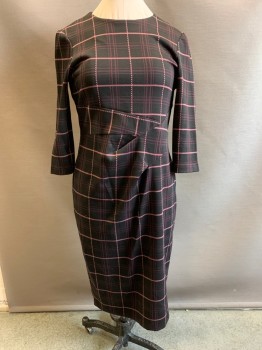M&S COLLECTION, Black, Maroon Red, Pink, Polyester, Viscose, Plaid-  Windowpane, Center Back Zipper, Round Neck, Waist Darts for Detail, Center Back Vent, Knit,