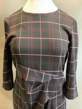 M&S COLLECTION, Black, Maroon Red, Pink, Polyester, Viscose, Plaid-  Windowpane, Center Back Zipper, Round Neck, Waist Darts for Detail, Center Back Vent, Knit,
