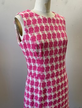 BROOKS BROTHERS, Pink, White, Cotton, Polyester, Check , Oversized Check Pattern, Round Neck, Sheath Dress, Knee Length, Invisible Zipper in Back