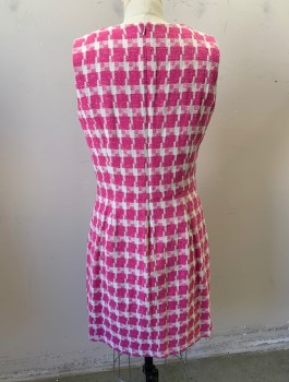 BROOKS BROTHERS, Pink, White, Cotton, Polyester, Check , Oversized Check Pattern, Round Neck, Sheath Dress, Knee Length, Invisible Zipper in Back