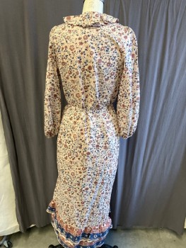 CHRISTY DAWN, Tan Brown, Cotton, Brown/Navy/ Light Gray/ Floral, Ruffle  Placket, Pleats, Puff Sleeves, Layer Hem, with  Attached Belt