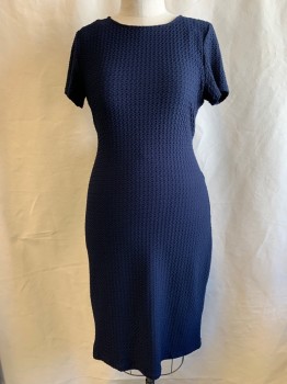 R&K, Navy Blue, Polyester, Spandex, Solid, Textured Fabric, Round Neck, Tie At Back,