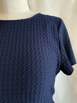 R&K, Navy Blue, Polyester, Spandex, Solid, Textured Fabric, Round Neck, Tie At Back,