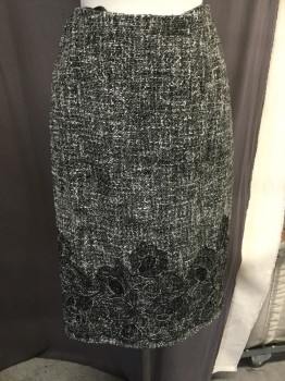 CARMEN MARC VALVO, Black, White, Wool, Tweed, Straight, Salt and Pepper, Floral Self Floral Embroidery at Bottom, Silk Lining W/black and White Rose Print