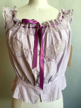 Womens, Camisole 1890s-1910s, Lavender Purple, Cotton, Lace, W27, B36, Drawstring Ribbon Neck, Button Front, Lace Detail & Trim, Gathered Waist, Great Condition