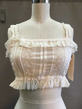 Womens, Camisole 1890s-1910s, Ivory White, Lace, Cotton, Floral, Geometric, B30, Cropped, Open Work, Ruffle Trim, Shoulder Straps with Open Work Detail, Good Confition