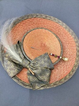 Womens, Hat 1890s-1910s, N/L, Red-Orange, Gray, Gold, Pink, White, Straw, Silk, Solid, Reddish Orange Straw, with Gray and Gold Silk Brocade Edge Of Brim, Band, and Bow, Pink Ribbon Band On Top Of Brocade, White Feathers, White Netting, 4" Wide Brim, Shallow Crown, Hat Pin Attached with Pearls, Pink Gems, and Gold Beads/Accents, Made To Order,