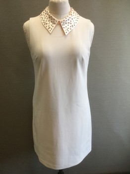 BETSEY JOHNSON, Blush Pink, White, Black, Polyester, Solid, Floral, Very Pale Peach/Blush Crepe, Sleeveless Shift Dress, Satin Collar Attached with White Flower Shaped Paillettes with Black Sequin and Silver Bead Centers, Gemstones Throughout, Invisible Zipper at Center Back