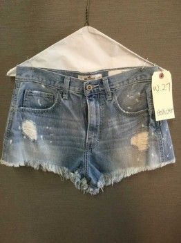 Womens, Shorts, HOLLISTER, Lt Blue, Denim Blue, Cotton, Solid, 26, Cutoff Jean Shorts, Bleach Stains, Rips, White Curve Embroidered Back Pockets
