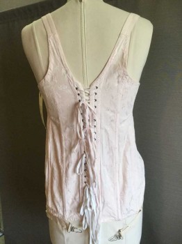 Womens, Corset 1890s-1910s, N/L, Pink, Synthetic, Floral, B 34, Light Pink W/floral Brocade, Hook Front, Lacing Back,