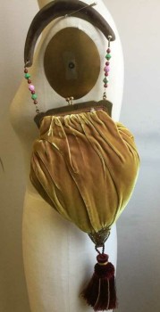 Womens, Purse 1890s-1910s, N/L, Yellow, Pink, Cranberry Red, Brown, Polyester, Rayon, Solid, 5", 9", Velvet, with Wood, Chain and Bead Handles, Clasp Top, Metal Detail, Big Drapery Tassel,