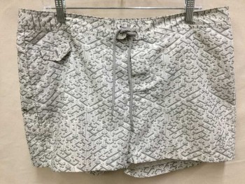 PENGUIN, Cream, Gray, Polyester, Abstract , Cream W/gray Abstract Print, 1-1/2" with Gray D-string Waistband, 1 Small Pocket W/flap