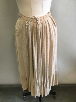 Womens, Sci-Fi/Fantasy Skirt, N/L, Ecru, Tan Brown, Cotton, Solid, W:30, Homespun Gauze Material, Very Pilled Texture, Gathered In To 1.5" Tan Wide Waistband, , Self Ties At Center Front Waist, Tan Ruffle At Hem, Hem Mid-calf,  Made To Order, Peasant/Impoverished Look , Historical Fantasy  **Pink Stains At Waistband