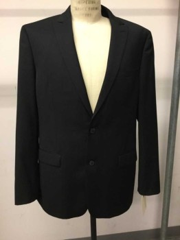 Mens, Suit, Jacket, BAR III, Black, Wool, Solid, 44L, Single Breasted, Peaked Lapel, 2 Buttons,