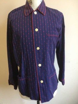 Mens, Sleepwear PJ Top, DEREK ROSE, Navy Blue, Red, Cotton, Stripes - Vertical , Dots, M, Navy with Red Vertical Stripes with Square Dotted Accents, Long Sleeve Button Front, Collar Attached, 3 Patch Pockets, Red Piping Trim