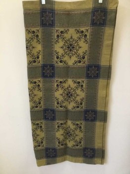 Womens, Shawl 1890s-1910s, Tan Brown, Navy Blue, Beige, Gray, Cotton, Plaid-  Windowpane, Coarsely Woven, with Patchwork Effect, Snowflake Patterns, Rectangle with Finished Edges,
