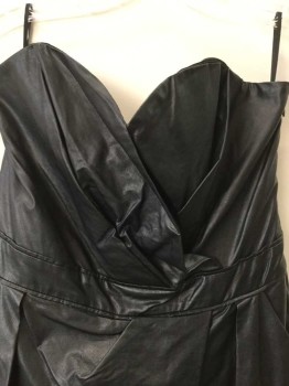 Womens, Jumpsuit, RACHEL ROY, Black, Viscose, Polyester, Solid, 8, Faux Leather, Strapless, Surplice Sweetheart Neck, Elastic Back, Side Zip, Crossover Pleated Pant, 2 Pockets