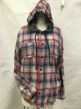 QUICKSILVER, Ecru, Red, Navy Blue, Cotton, Plaid, Ecru with Red, Navy Plaid W/hood, Button Front, 2 Pockets, Long Sleeves,