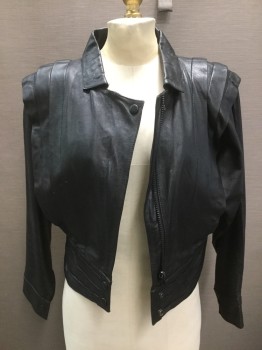 Womens, Leather Jacket, N/L, Black, Leather, W32+, B38, Soft Kid Skin Leather, Zip and Snap Front, 3 Shoulder Tucks, Wide Waistband, Miss Jackson If You're Nasty.