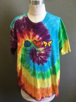 ARTFORMS, Blue, Purple, Yellow, Green, Cotton, Tie-dye, Graphic, Short Sleeves, Tshirt, Crew Neck, Peace Sign/Heart/Butterfly