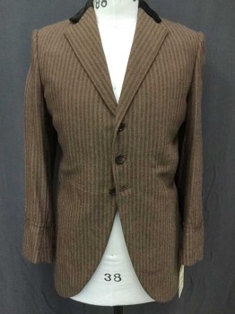 Mens, Historical Fiction Coat, MTO GILBERTO NY, Brown, Red, Tan Brown, Wool, Polyester, Herringbone, 40, 3 Buttons,  Single Breasted, Contrast Collar In Dark Brown Velvet/Velveteen, Cuffed Sleeves
