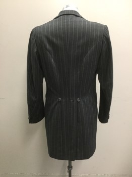 Mens, Coat 1890s-1910s, DOMINIC GHERARDI, Charcoal Gray, Lt Gray, Blue, Wool, Stripes, Herringbone, 44, Frockcoat. 3 Button Single Breasted, 1 Wekt Pocket, 2 Pockets with Flaps. Slit at Center Back, Fitted Through Back.