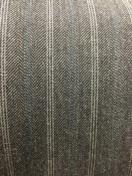Mens, Coat 1890s-1910s, DOMINIC GHERARDI, Charcoal Gray, Lt Gray, Blue, Wool, Stripes, Herringbone, 44, Frockcoat. 3 Button Single Breasted, 1 Wekt Pocket, 2 Pockets with Flaps. Slit at Center Back, Fitted Through Back.
