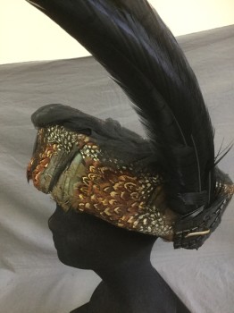 NL, Multi-color, Brown, Caramel Brown, Black, White, Feathers, Cylindrical Feather Covered Hat, Black Sheer Mesh Outer Layer, Large Black Feathers at Side, Made To Order